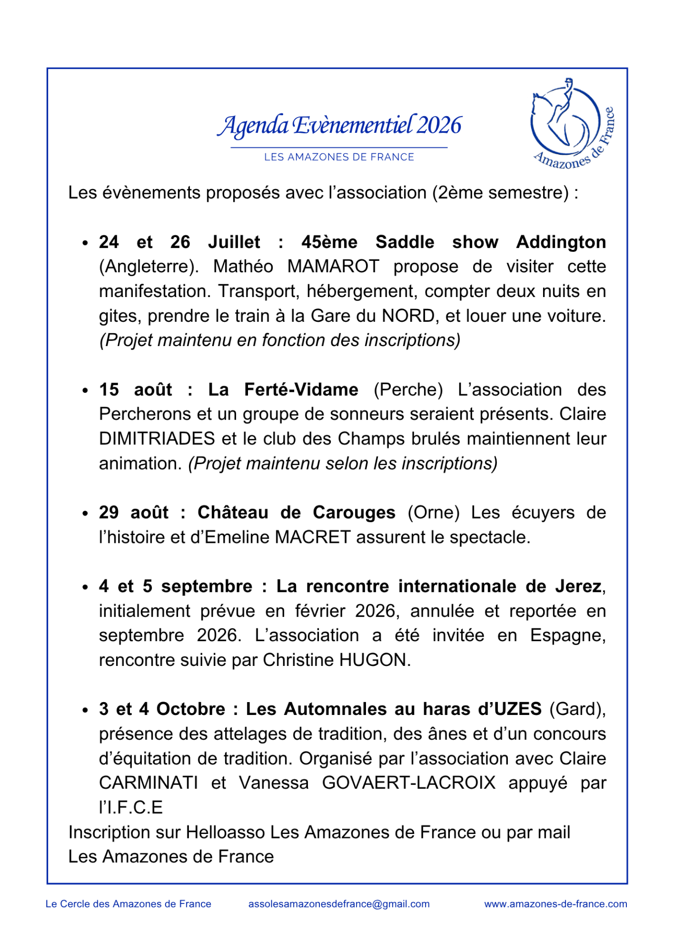 Evenements 2026 les amazones de france association infos semestre 2