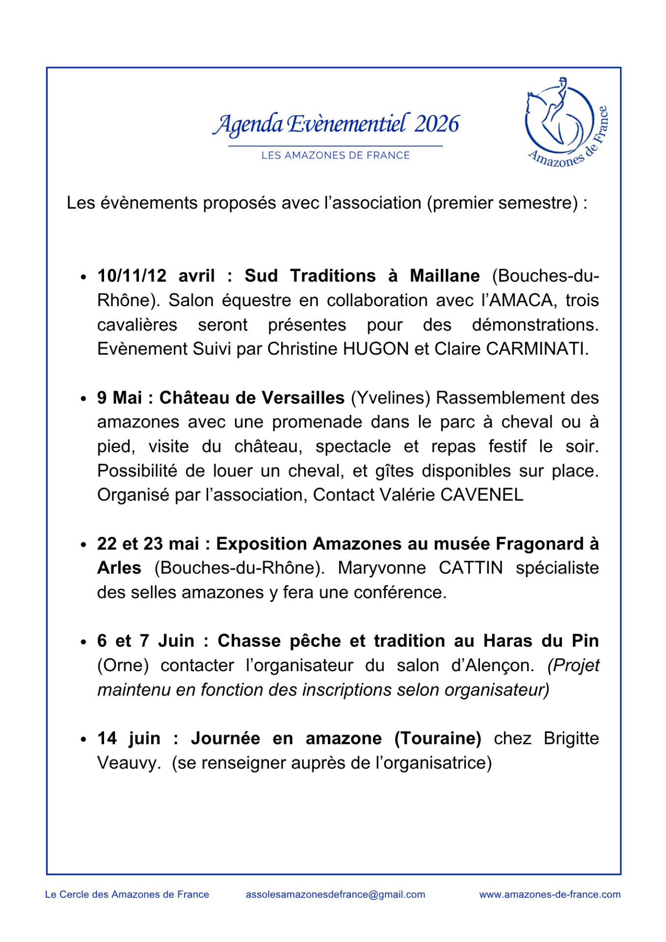 Evenements 2026 les amazones de france association infos semetre 1