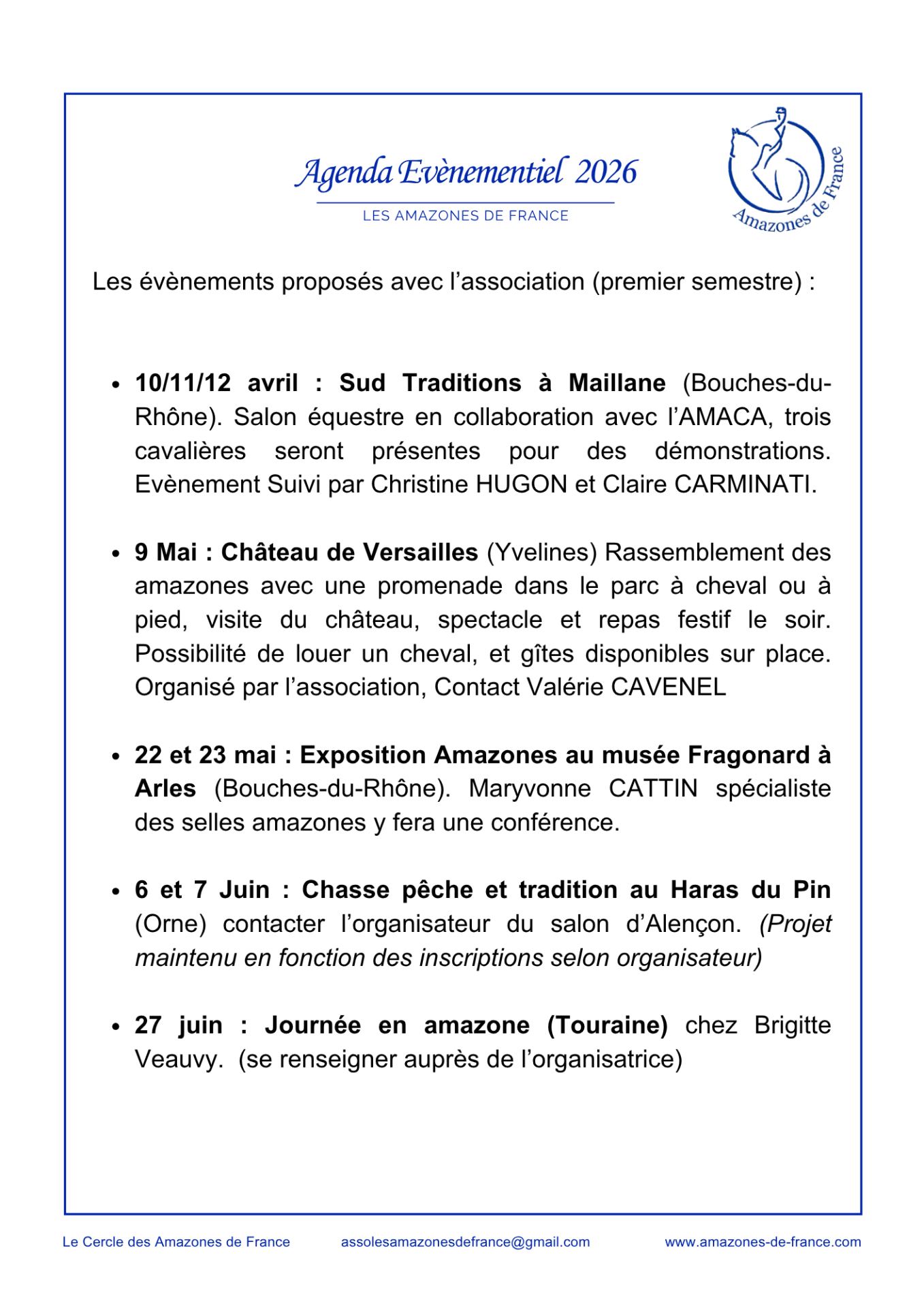 Evenements 2026 les amazones de france association infos - semetre 1